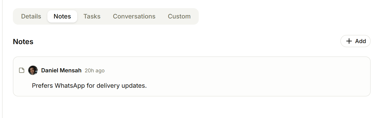 The Notes tab of a contact with a note from a teammate