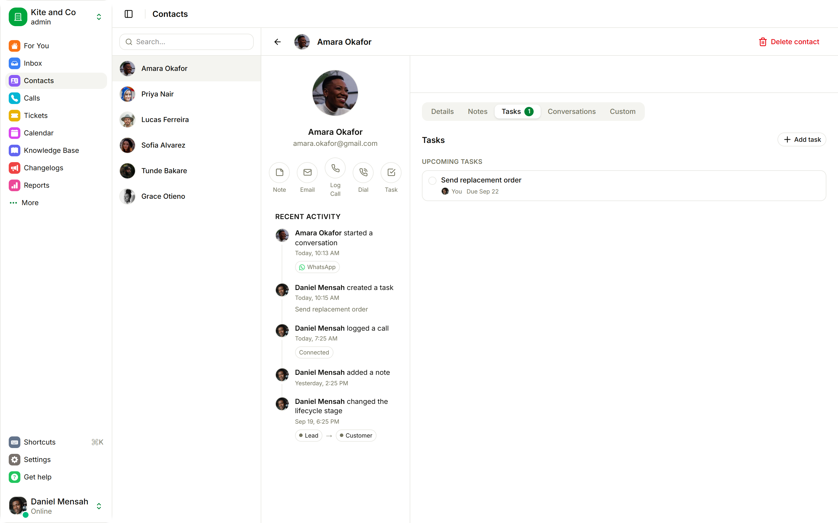 The Tasks tab of a contact with an upcoming task and a due date