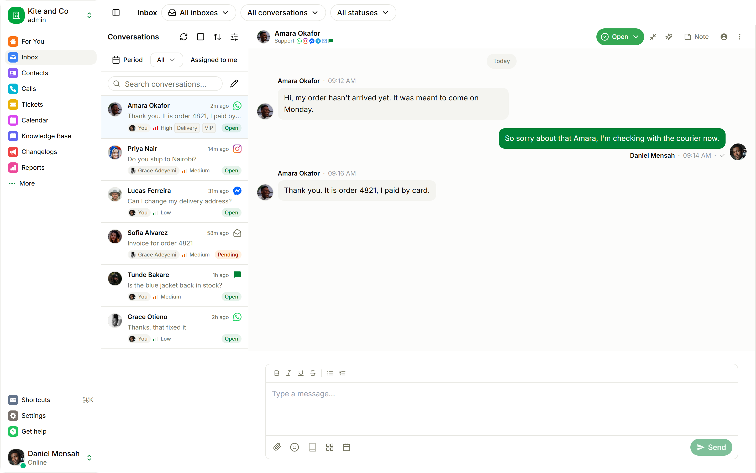 The Alps inbox: six conversations from five channels on the left and an open WhatsApp thread on the right