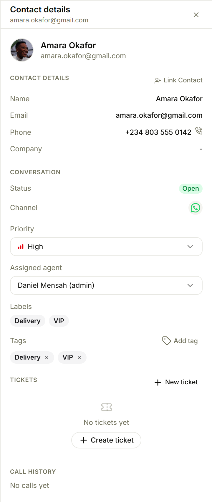 The Alps contact details panel, showing priority, assigned agent, labels and tags