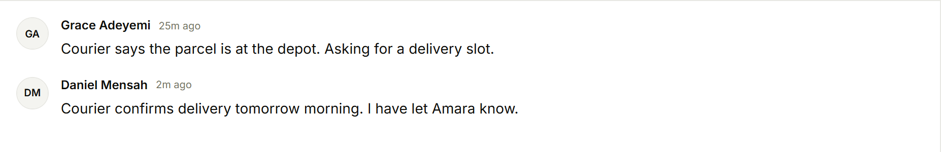 Two internal comments between agents on a ticket